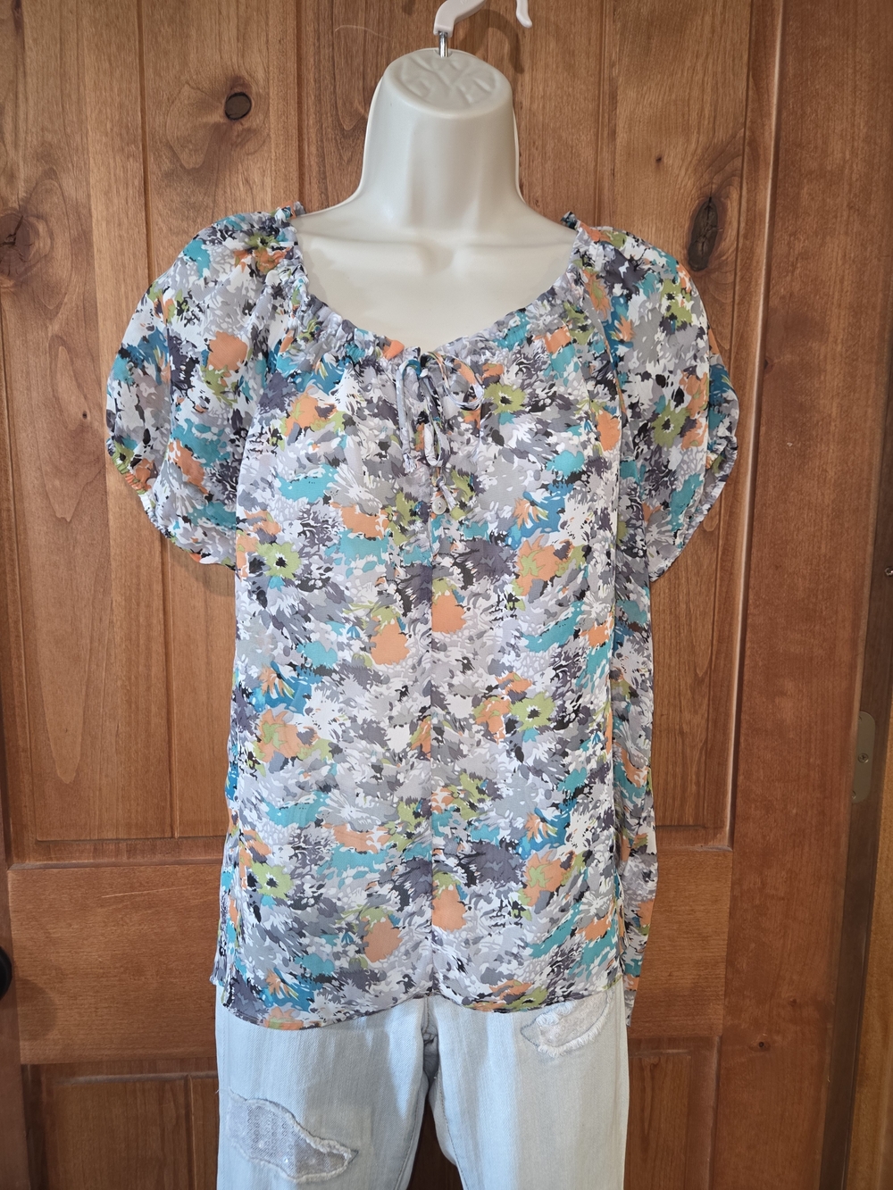 Quintessential Floral Tie-Neck‎ Peasant Blouse - Gray Multi